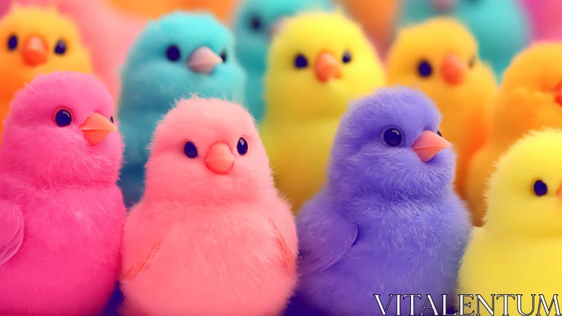 Bright pastel toy chicks grouped in colorful close-up scene.