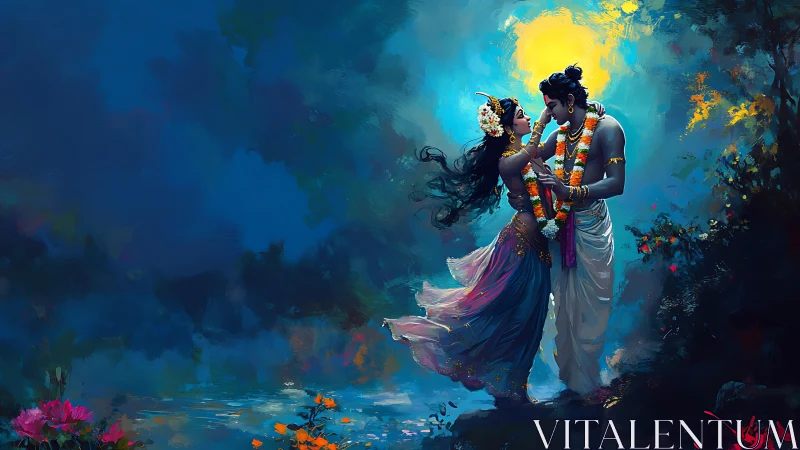 Moonlit romantic couple in saturated blue mystical forest