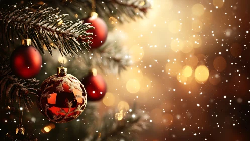 Red ornaments on snow-dusted evergreen branch with lights.