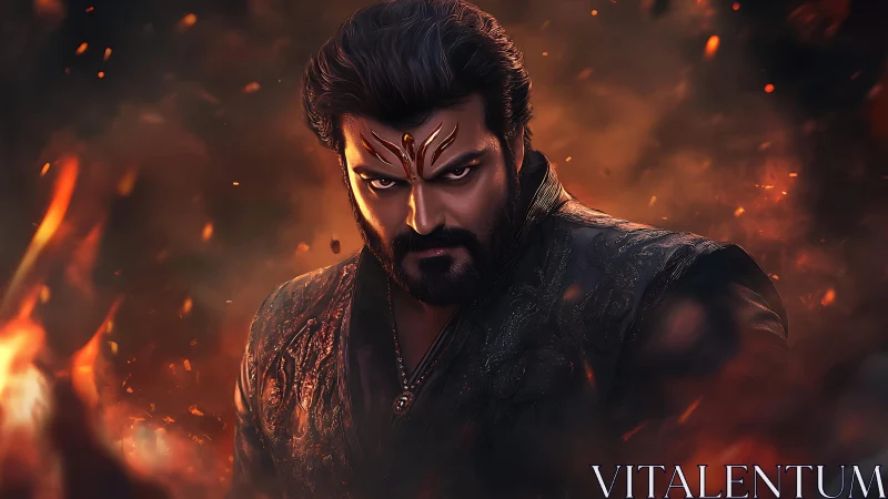 Fire-forged warrior with fierce gaze in glowing embers.