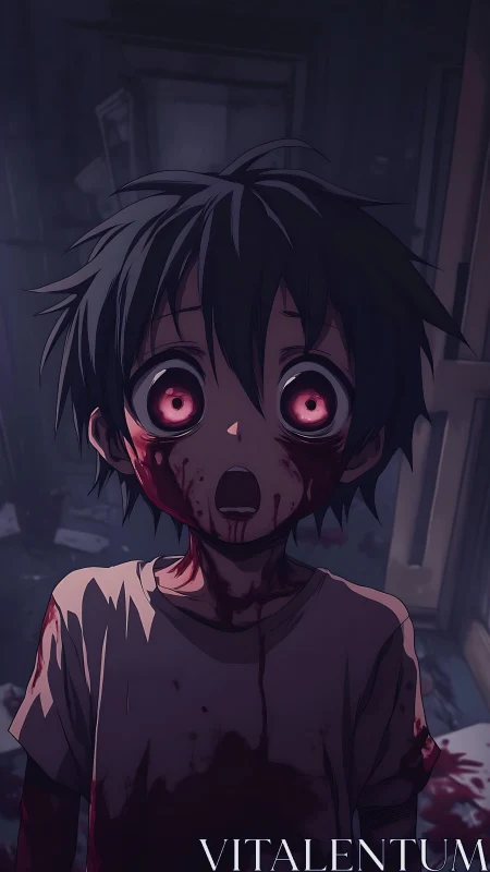 Bloodstained anime child stares ahead in eerie shock.