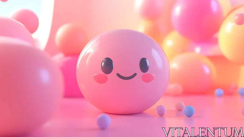 Soft-body pink sphere with kawaii face under glossy studio lighting