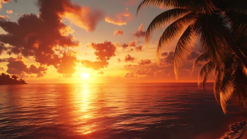 Tropical ocean sunset with glowing clouds and palms.