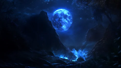 Luminous blue moon crowns shadowed canyon and river gorge.