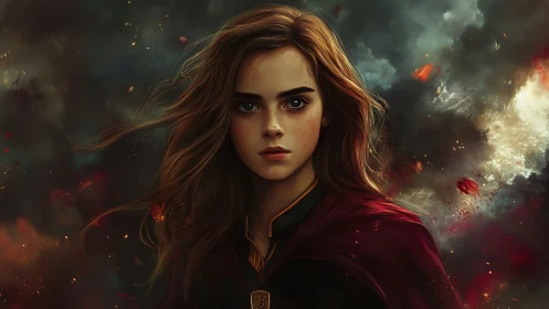 Stormborne young sorceress strides through embers and dusk.