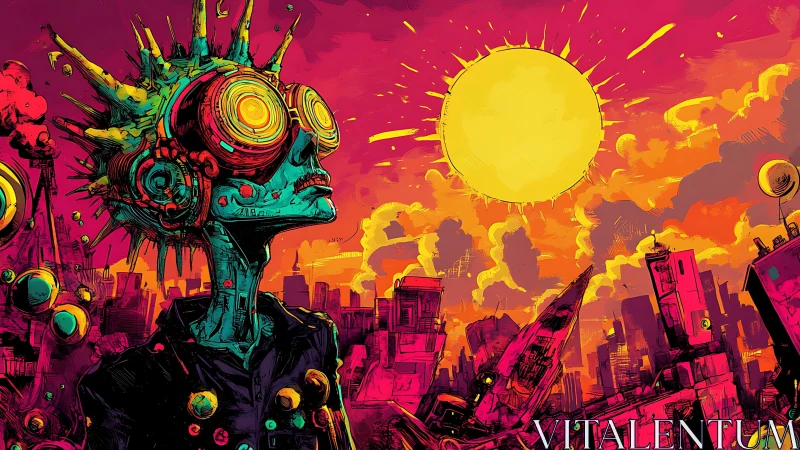 Cybernetic figure under oversized sun in neon dystopian skyline