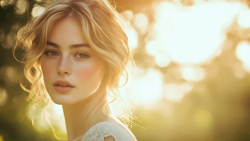 Sunlit portrait of blonde woman in golden bokeh glow.