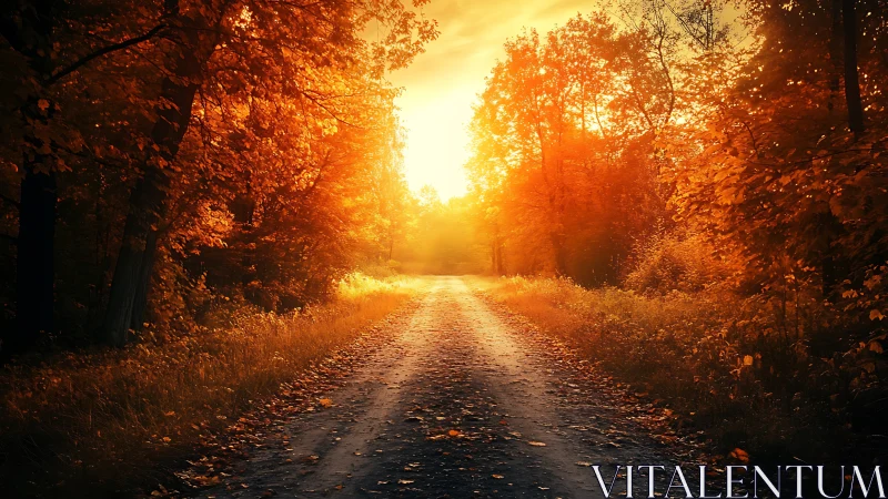 Backlit forest lane in intense golden hour autumn sunlight