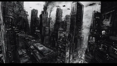 High-density dystopian skyline with industrial smog and patrol aircraft