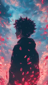 Solitary anime figure framed by cyan sky and red petals.