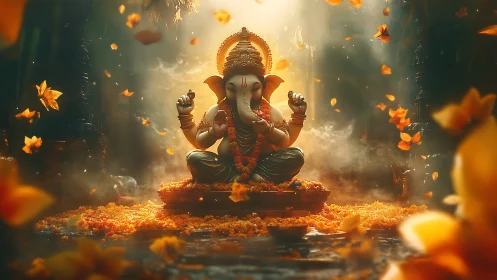 Lord Ganesha statue amid soft light and falling petals.