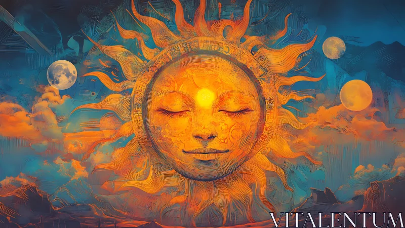 Solar visage with lunar orbits in chromatic atmospheric field.