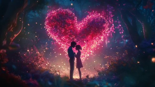 Couple Silhouetted Against Luminous Heart-Shaped Particles