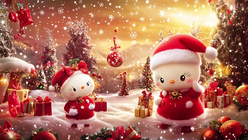 Cartoon characters stand in a snow-covered Christmas landscape