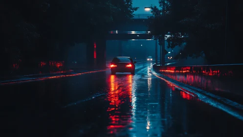 Car drives on wet city road at night under overpass