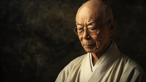Elderly man in kimono gazes downward in warm light.