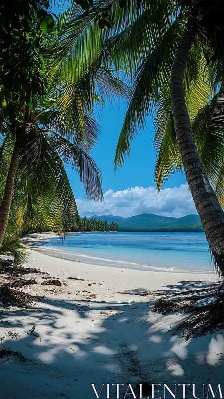 Tropical Paradise Beach Framed by Palm Trees.