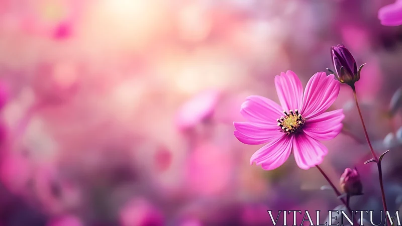 Pink cosmos flower with buds in soft focus field