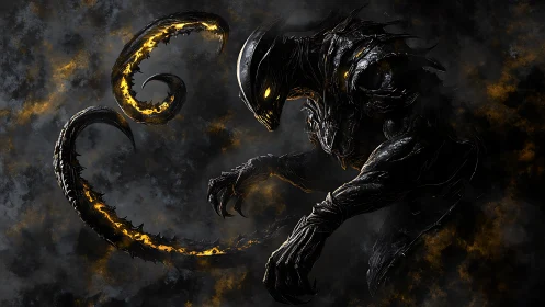 Shadow demon with molten tentacles in swirling smoke.