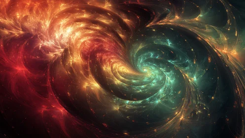 Celestial whirlpool of ember storms and teal starlight.