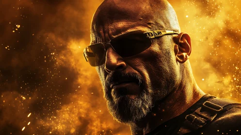 Bald man with sunglasses lit by intense golden backlight