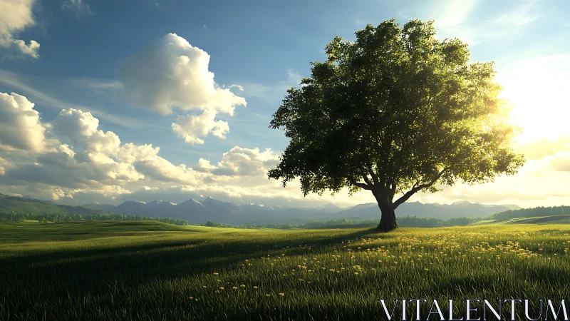 Golden sunlight gently embraces a lone tree in open fields