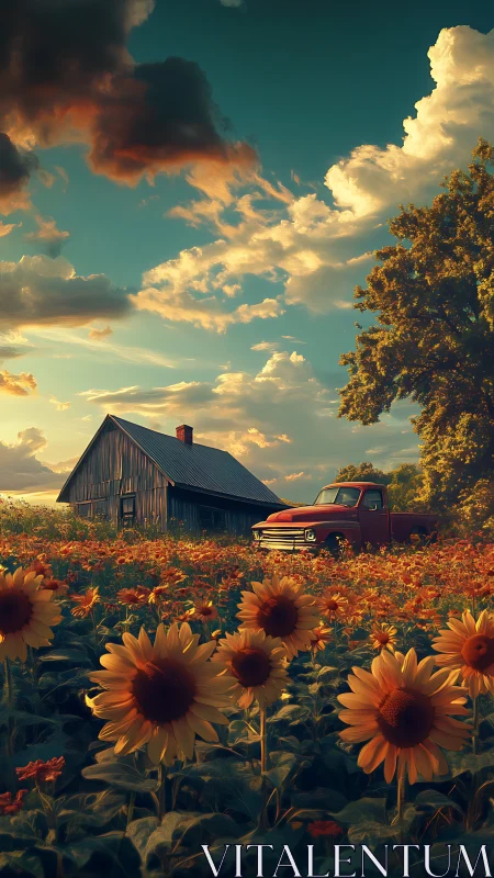 Sunflower field, vintage pickup and barn under dramatic sky.