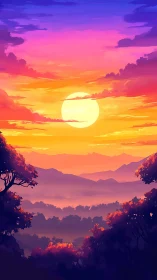 Radiant stratified sunset over layered forest hills in vivid hues