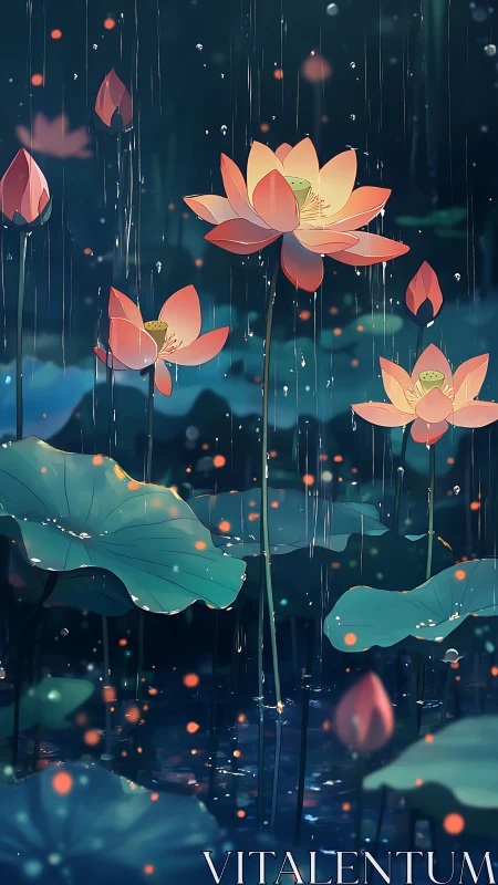 Nocturnal lotus garden under warm rainlit bokeh glow.