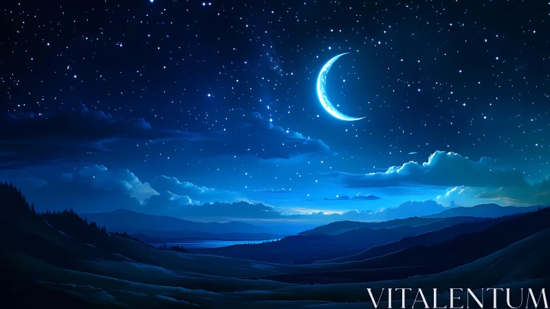 Crescent moon drifts above dreamlit valleys and silver stars.