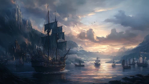 Stormlit galleons chase sunrise across misty mountain bay.