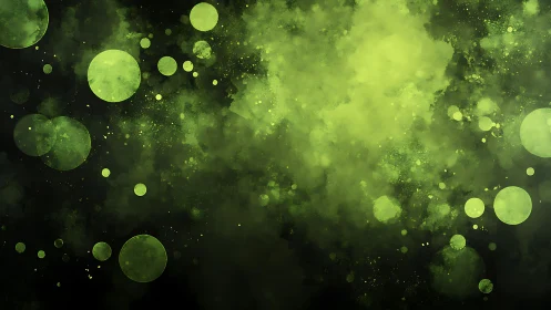 Green circular forms disperse across a dark digital field