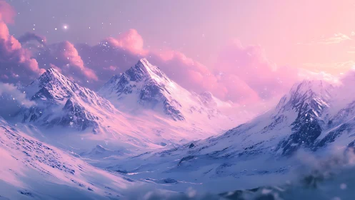 Pink twilight over snowy fantasy mountain peaks.