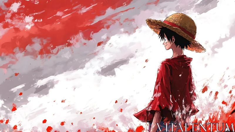 Straw hat anime boy against red and white painted sky.