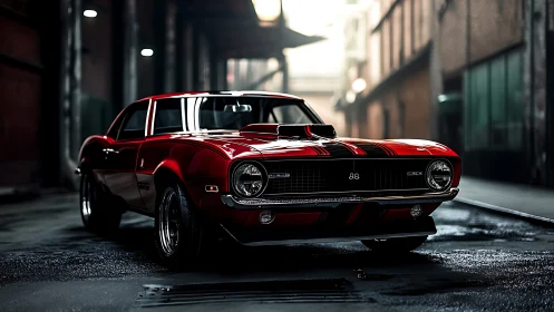 Streetlit crimson muscle car prowls a rain-dark urban alley.