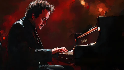 Soulful pianist leans into the keys under a glowing red haze
