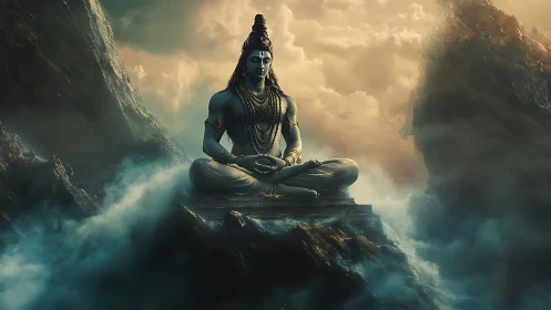 Meditative deity figure seated on rocky peak amid clouds.