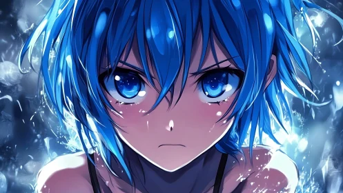 Storm-eyed blue warrior girl blazing through shattered light.