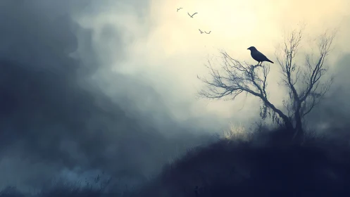 Quiet crow at dawn resting on a lonely misty hillside.