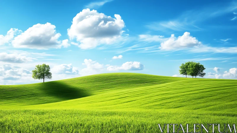 Green rolling hills with scattered trees under blue sky.