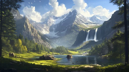 Digital painting of alpine valley with waterfalls and lake.