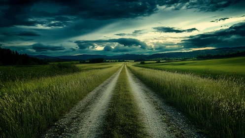 Gravel farm road extends through fields under dense clouds