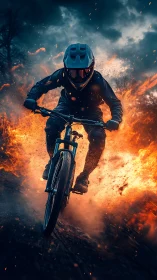Mountain biker charges through explosive fiery trail scene.