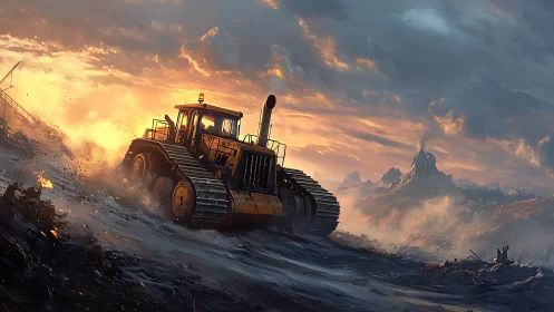 Tracked bulldozer advances through smoky wasteland at dramatic dawn