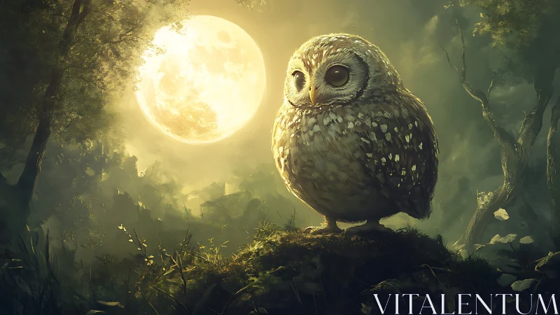 Whimsical owl in moonlit forest, fantasy digital art scene.