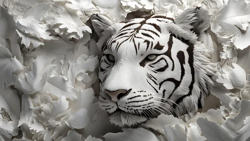 White tiger sculpture emerges through layered paper petals.