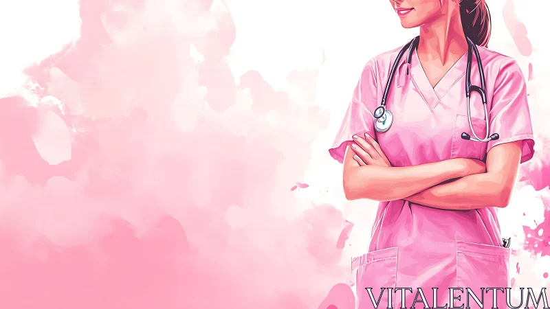 Confident Female Nurse in Pink Scrubs, Watercolor Art Style.