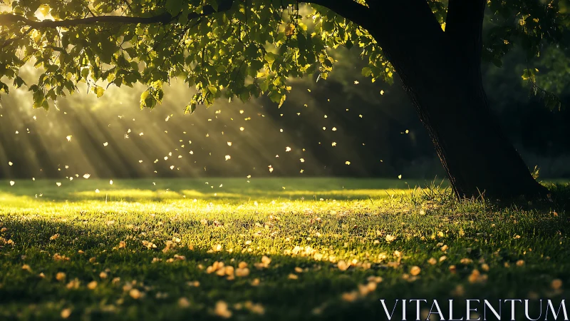 Backlit tree with drifting leaves in golden evening light.