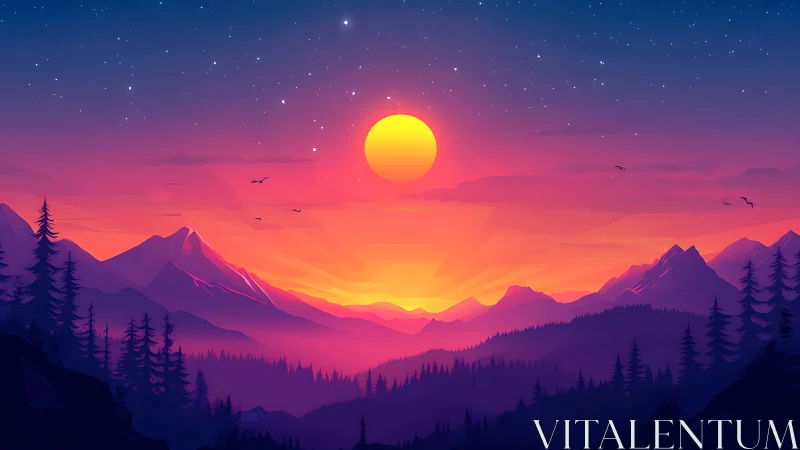Sunset glows over stylized mountains and dense forest valley