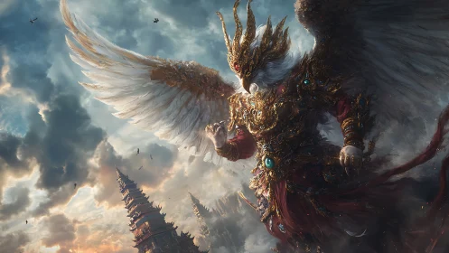 Skyborne jewel-clad avian deity guarding stormlit spires.